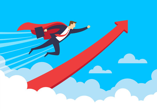 Superhero businessman flying up in the sky with arrows to success, Professionalism and aspiration business concept, Flat design vector illustration