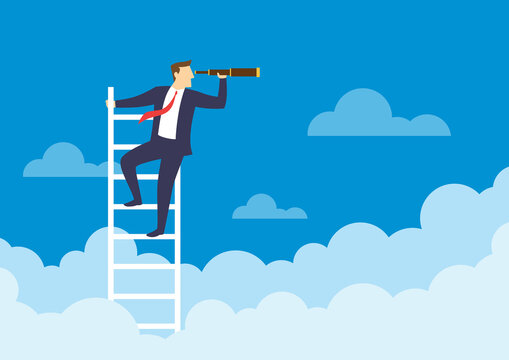 Businessman holding a telescope standing on the top of the stairs looking of success, Searching new business goals, Finding ambition and motivation concept, Flat design vector illustration