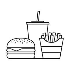 Hamburger soda takeaway and french fries, Fast food icon sign, Outline flat design on white background, Vector illustration