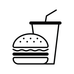 Hamburger and soda takeaway, Fast food icon, Outline flat design on white background, Vector illustration