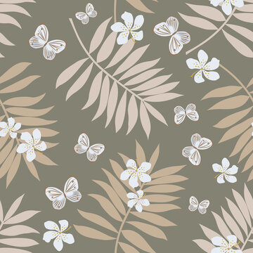Palm leaves, butterflies and exotic flowers on gray pastel seamless pattern. Modern design of tropical exotic plants for wrapping paper, cover, textile, banner, web, application.Flat vector background