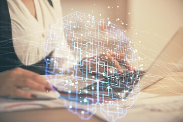Multi exposure of woman hands working on computer and human brain hologram drawing. Ai tech concept.