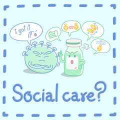 Design elements vector of vaccine and coronavirus cartoon characters in cute actions, How to survive in COVID-19 crisis, Fight the flu, COVID-19 social care parody.