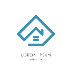 Real estate outline logo - home or house with window and pentagon symbol. Building and realty vector icon.