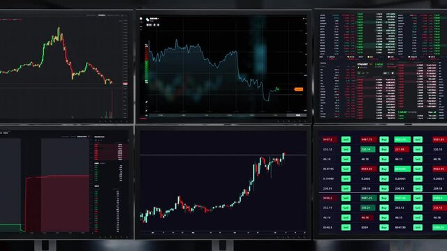 Stock market or stock exchange information with data of price, change, and volume. Financial indexes of stock companies change up and down over time market wall