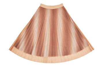 isolated pleated skirt on white, caramel colour of bell skirt,  light brown fashionable female outfit, beige drape garment,  terracotta flared skirt