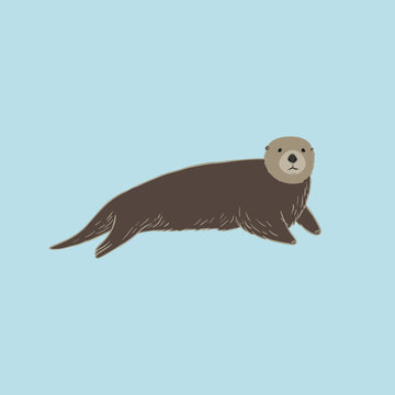 Sea Otter On Blue Background. Vector Illustration Of Adorable Little Marine Mammal