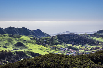 Beautiful view of the fertile valley of La Laguna and Mount Teide. Anaga Rural Park in Northern Tenerife, Canary Islands, Spain.