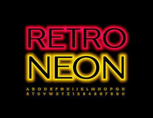 Vector Retro Neon Alphabet Letters and Numbers set. Yellow Glowing Font
