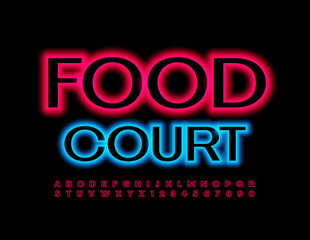 Fototapeta na wymiar Vector bright emblem Food Court. Red Neon Font. Set of glowing Alphabet Letters and Numbers