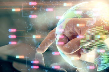 Multi exposure of man's hands holding and using a digital device and map drawing. International business concept.