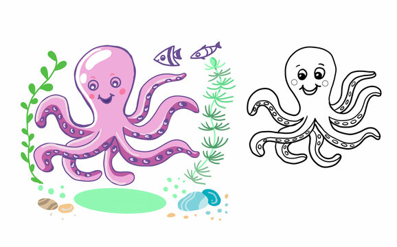 Octopus animals sea underwater world seafood. Coloring book for children with an example, cute character print textile hand drawn sketch
