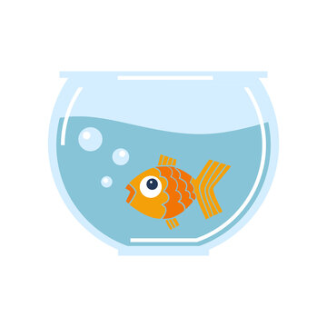 recommend clip art: Goldfish in the glass bowl. Cartoon fish in a round aquarium. Flat vector illustration isolated on the white background.