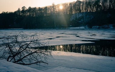 Sunset on the Moscow River during an ice drift