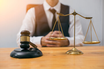 Judge gavel with Justice lawyers having team Concepts of Law and Legal services