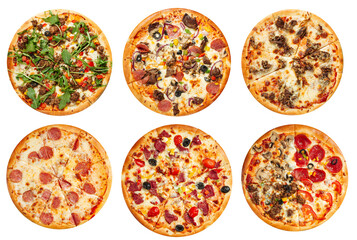 Isolated assorted variety of pizzas collage menu design on the white background