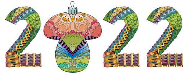 Number 2022 Zentangle with a Christmas ball. Vector decorative object for decoration