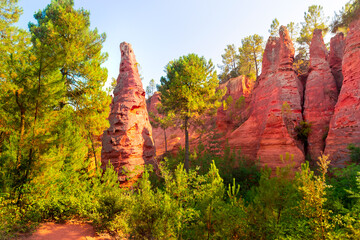 Roussillon, red rocks of Colorado colorful ochre canyon in Provence, landscape of France