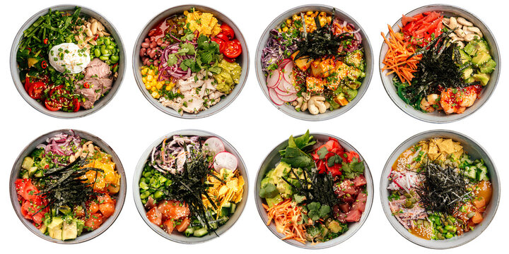 Isolated assorted variety of hawaiian poke bowls menu design collage