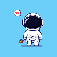 Cute broken heart astronaut carrying red flower