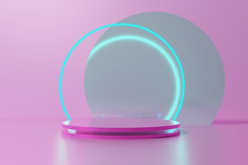 3d render pink color round podiums with blue neon ring