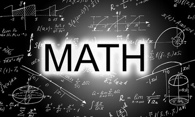 Blackboard inscribed with scientific formulas and calculations in physics, mathematics and electrical circuits. Science and education background.