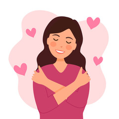 Self love concept vector illustration. Young pretty woman hugging herself with pink heart shape around in flat design. Happiness.