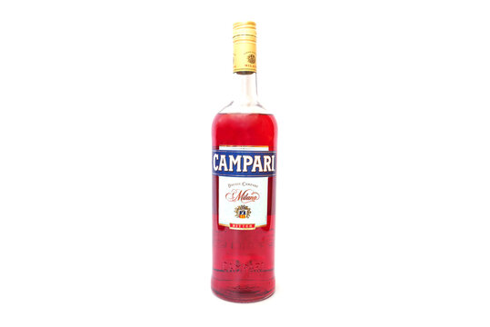 Kiev, Ukraine - April 24, 2021: A bottle of Campari, an alcoholic liqueur on a white background.