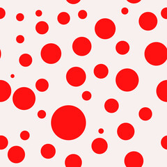 Red circles all over the background. Vector and monochrome ornament. Seamless and same dots.