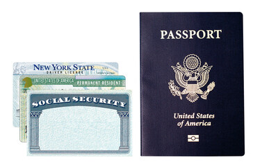 US American Passport, social security card, green card and New York City driver license isolated on white background including clipping path.