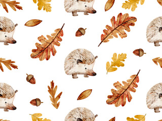 Watercolor seamless pattern with the cute hedgehog and autumn leaves  © artforwarm