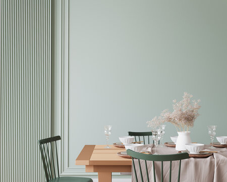 Wooden Dining Room Mockup With Wooden Table And Green Chairs On Empty Wall, Farmhouse Style, 3d Render