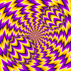 Yellow and purple background with moving spheres. Spin illusion.