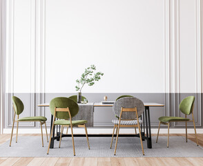 Interior design of modern dining room with green furniture, black and white table, contemporary style, 3d render