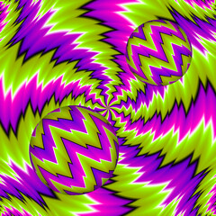 Green, pink and purple background with moving spheres. Spin illusion.