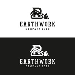 Earthwork bulldozer icon, building logo template, letter R with bulldozer vector illustration