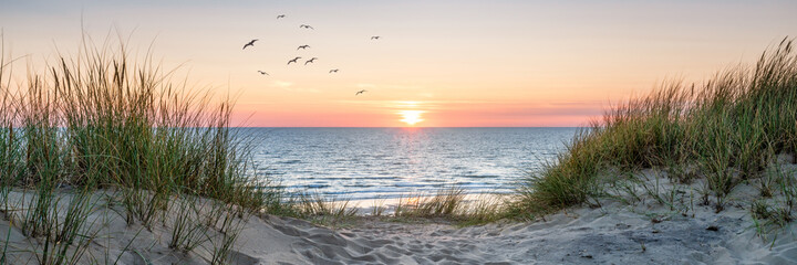 Panorama de la plage de dunes au coucher du soleil