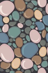 Seamless pattern of multicolored gray, pink, blue pebbles. Stones of different sizes and shapes on a dark gray background. Natural pattern for bathrooms, oilcloth, printing on textiles and paper.