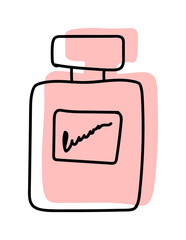 Illustration of a perfume bottle in line style. With a background of pastel colors in the form of a silhouette of perfume. 
