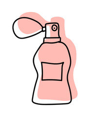 Illustration of a perfume bottle in line style. With a background of pastel colors in the form of a silhouette of perfume.