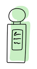 Illustration of a perfume bottle in line style. With a background of pastel colors in the form of a silhouette of perfume. 