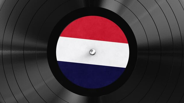 Realistic seamless looping 3D animation of the national flag of France label vinyl record rendered in UHD