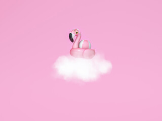 Pink Flamingo float inflatable swimming pool ring put on the cloud on sky pastel pink background 3d rendering. 3d illustration Summer and Rainy Season greeting card template minimal concept.