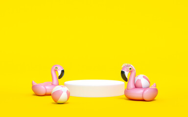 Pink Flamingo float, tropical bird shape inflatable swimming pool ring with white podium display stand on yellow background 3d rendering. 3d illustration Summer and travel minimal concept.