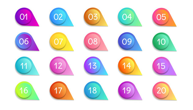 Bullet numbers. Infographic buttons and points. Icon with numbers from 1 to 20. 3d pointers for promotion. Colorful gradient markers for badges, tags. Modern logos in map interface. Vector.
