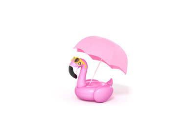 Pink Flamingo float inflatable swimming pool ring with pink umbrella on white background 3D Rendering. 3d illustration Summer and Rainy Season greeting card template minimal concept.