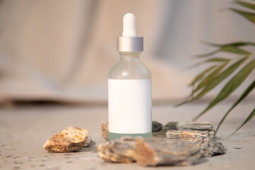 Fototapeta na wymiar Beautiful shot of white glass bottle with pipette and serum on natural background. Facial skin care, moisturizer concept. Fashionable cosmetic product among stones. Mock up