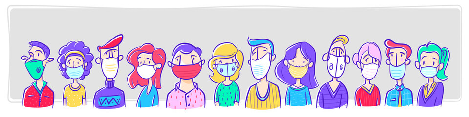 Group of people wearing medical masks protection from disease, to prevent flu, air infected virus, air contaminated, world pollution. Vector illustration cartoon flat style