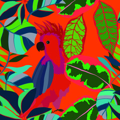 Fototapeta na wymiar Creative seamless pattern with tropical birds, parrots, leaves and flowers. Trendy texture with hand drawn exotic plants. Swimwear botanical design. Jungle exotic summer print. 