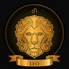 Zodiac Leo Horoscope Golden Gradient Design Silhouette Style with Sign Icon in Chain Circle Frame and Ribbon with the Name inside Vector Graphic Design Template.